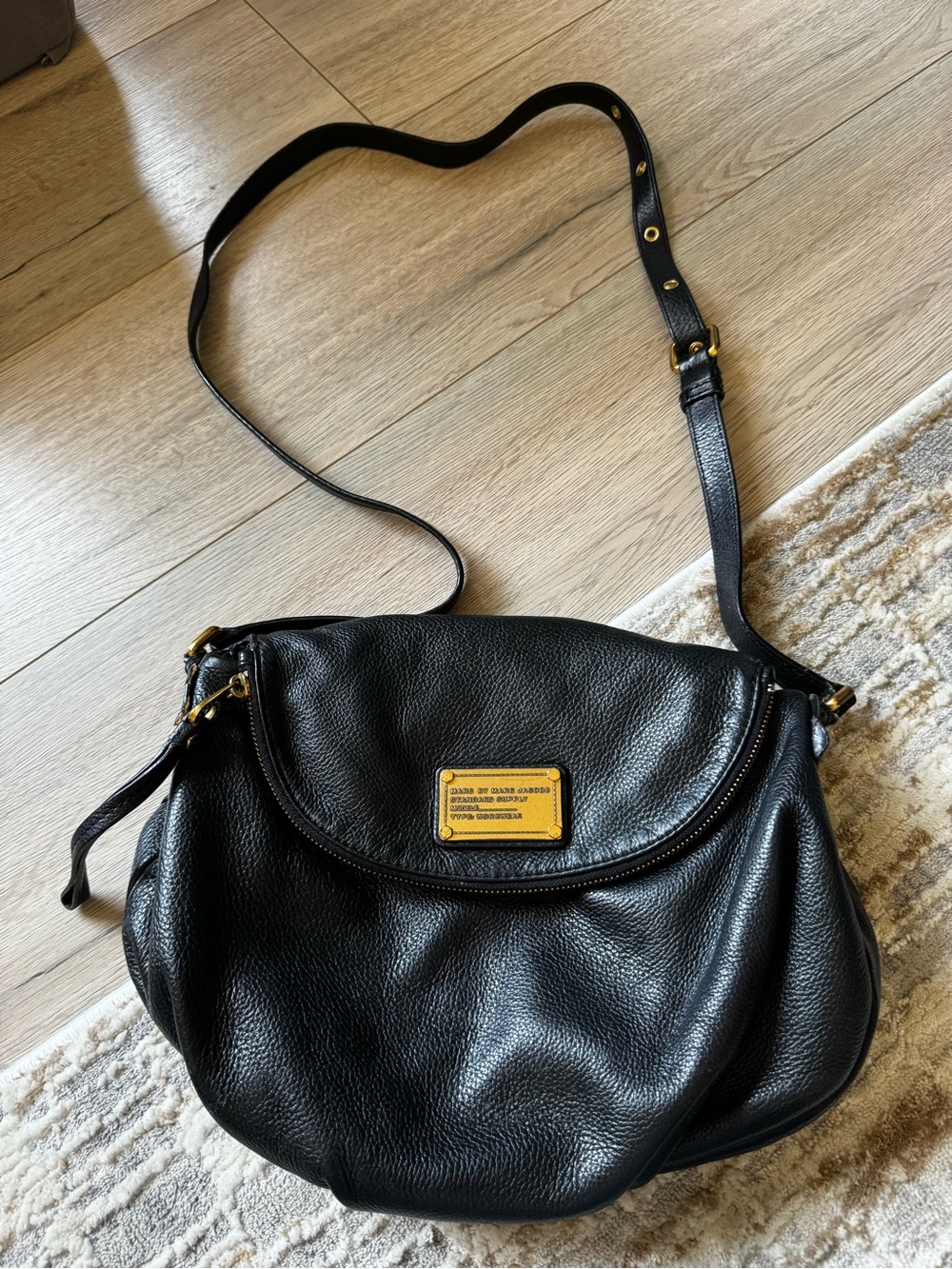 Marc by Marc Jacobs Black Pebbled Leather Flap Shoulder Bag with Gold Plate